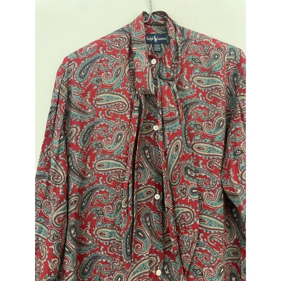 Ralph Lauren Paisley Tie Neck Blouse Red Vintage Silk Feel Top Size 6 - Picture 6 of 7